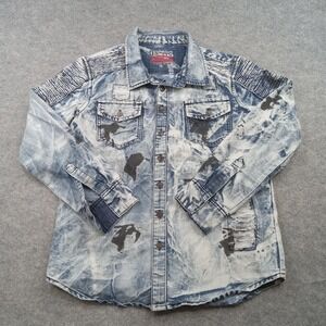 GS-115 Moto Denim Shirt Mens Large Blue Button Up Distressed Paint Splatter